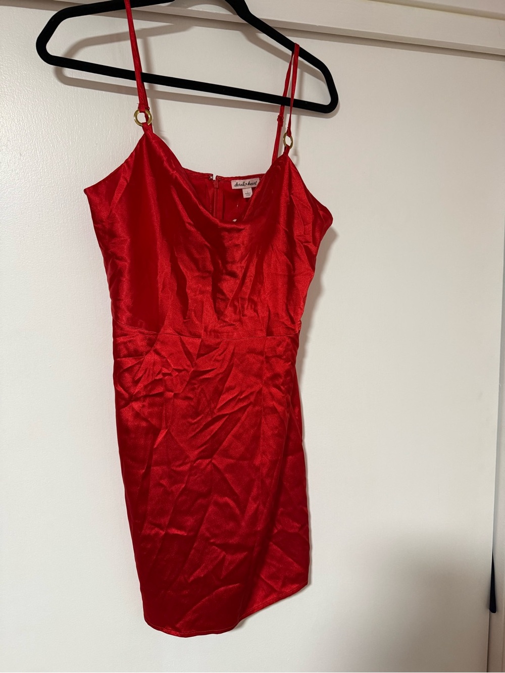 Derek Heart Red Satin Mini Dress with Gold Ring Straps